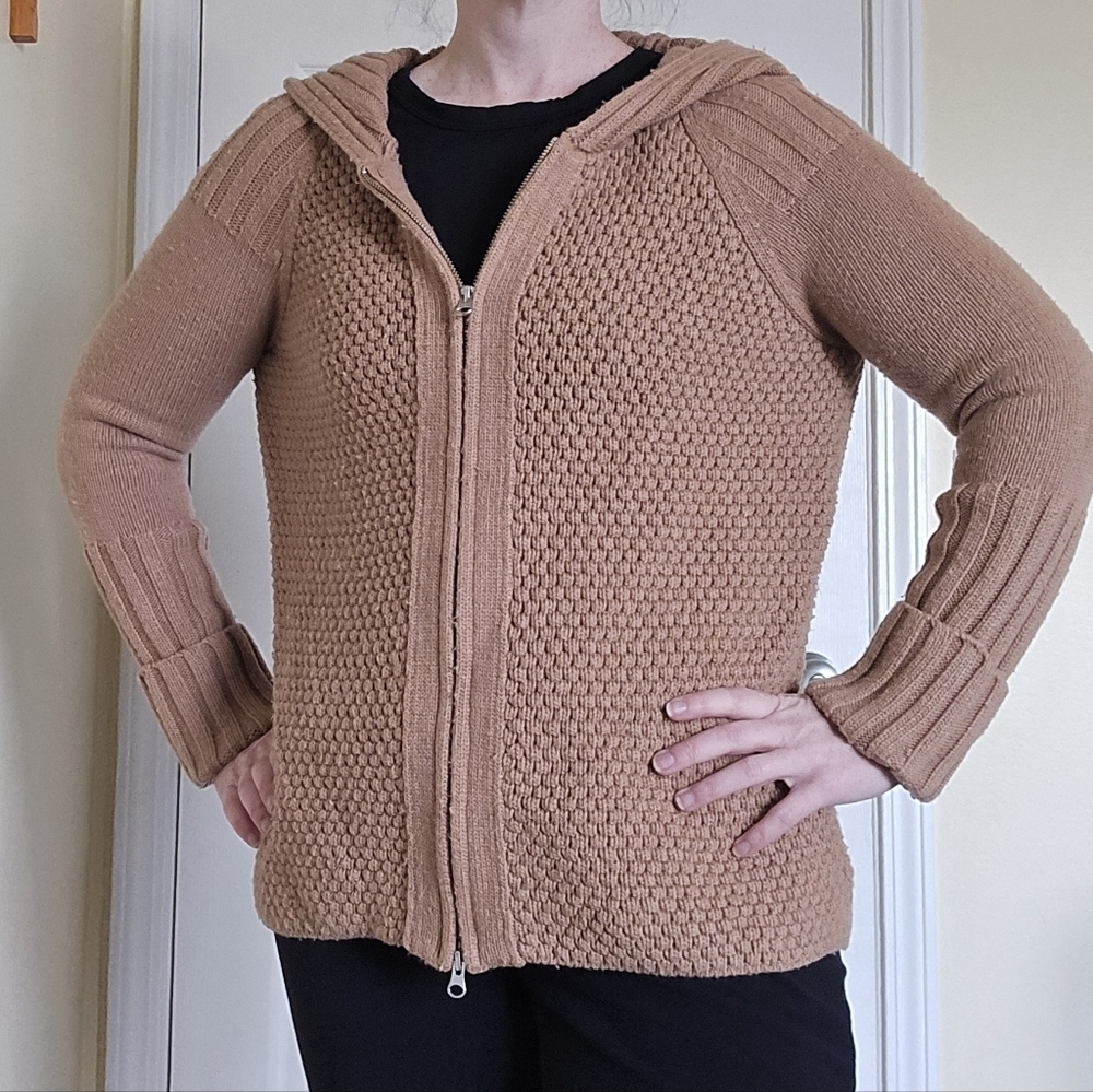Victor Alfaro Hooded Sweater Cardigan Camel Zip Up Wool Blend Medium